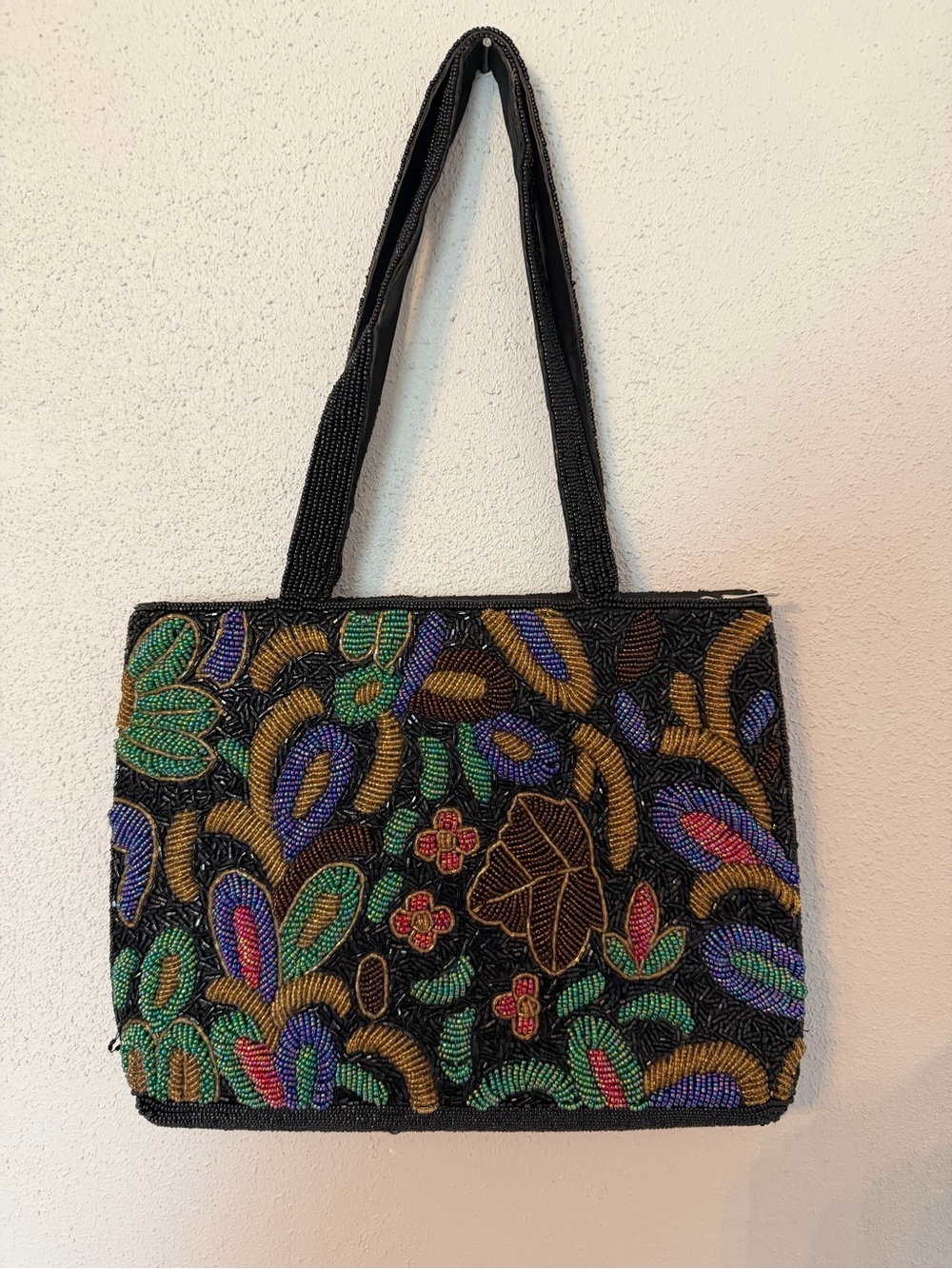 Beaded Floral Embroidered Black Shoulder Bag